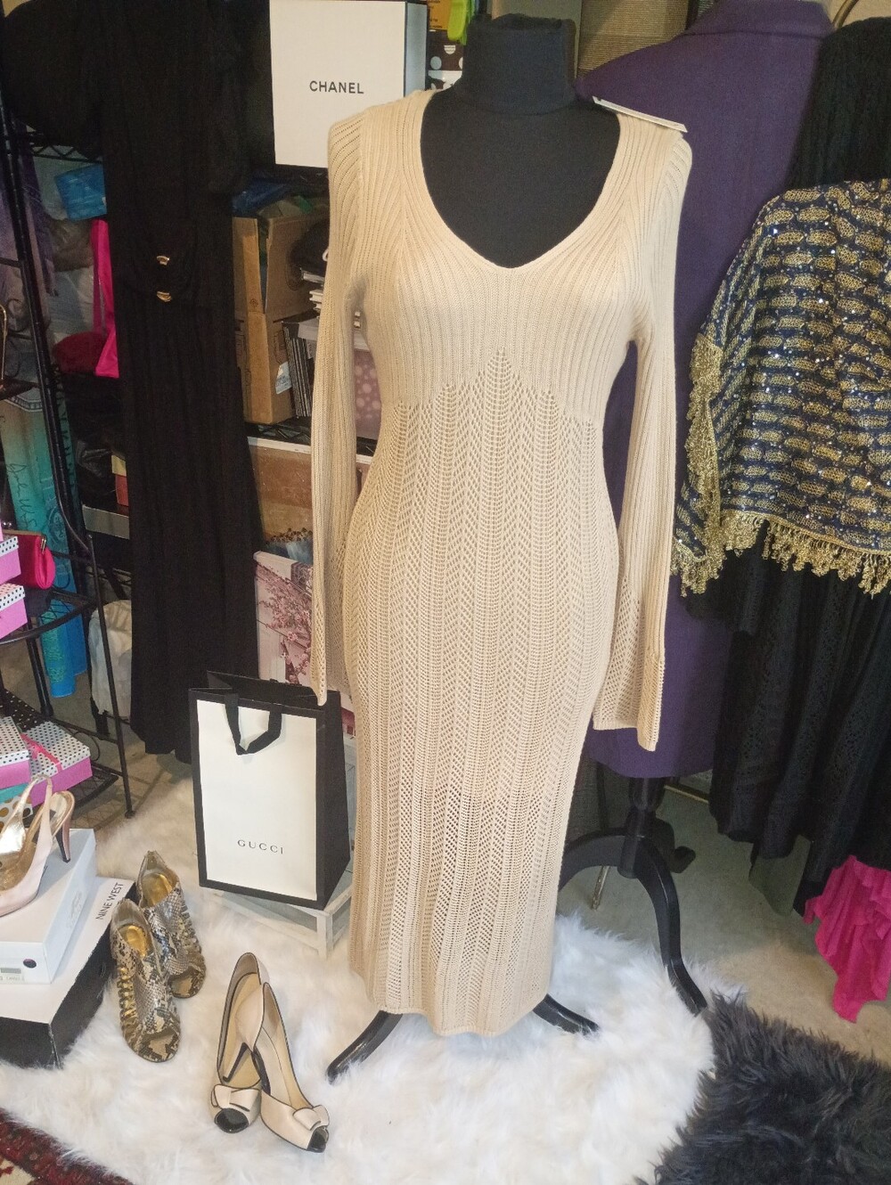 Elegant Tan Knit Maxi Dress